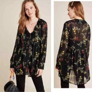 Anthropologie Floral Jamison Ruffles Flowy Blouse Whimsy Goth Tunic Top Boho M